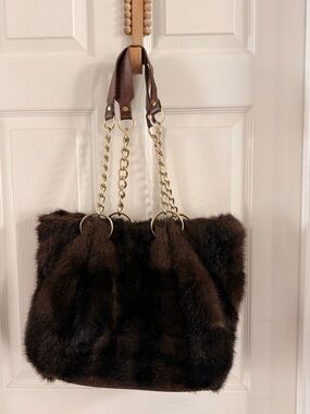 Plush Dark Brown Faux Fur Tote with Gold Chain Handles *Glenda Gies*